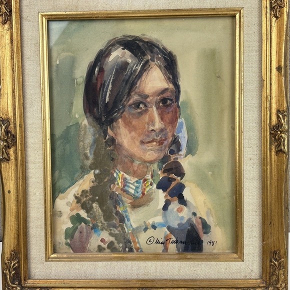 Native American Woman Watercolor Painting Morning Gloria 1981 Sign Mia Tschampel - Picture 4 of 8